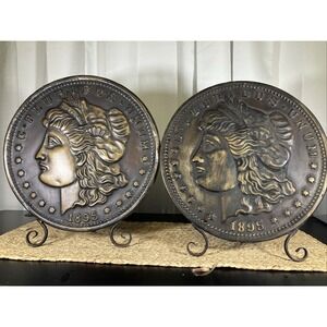 Set Of 2 1895 Morgan Silver Dollar Table Decor 16" Old World VTG Metal Stand